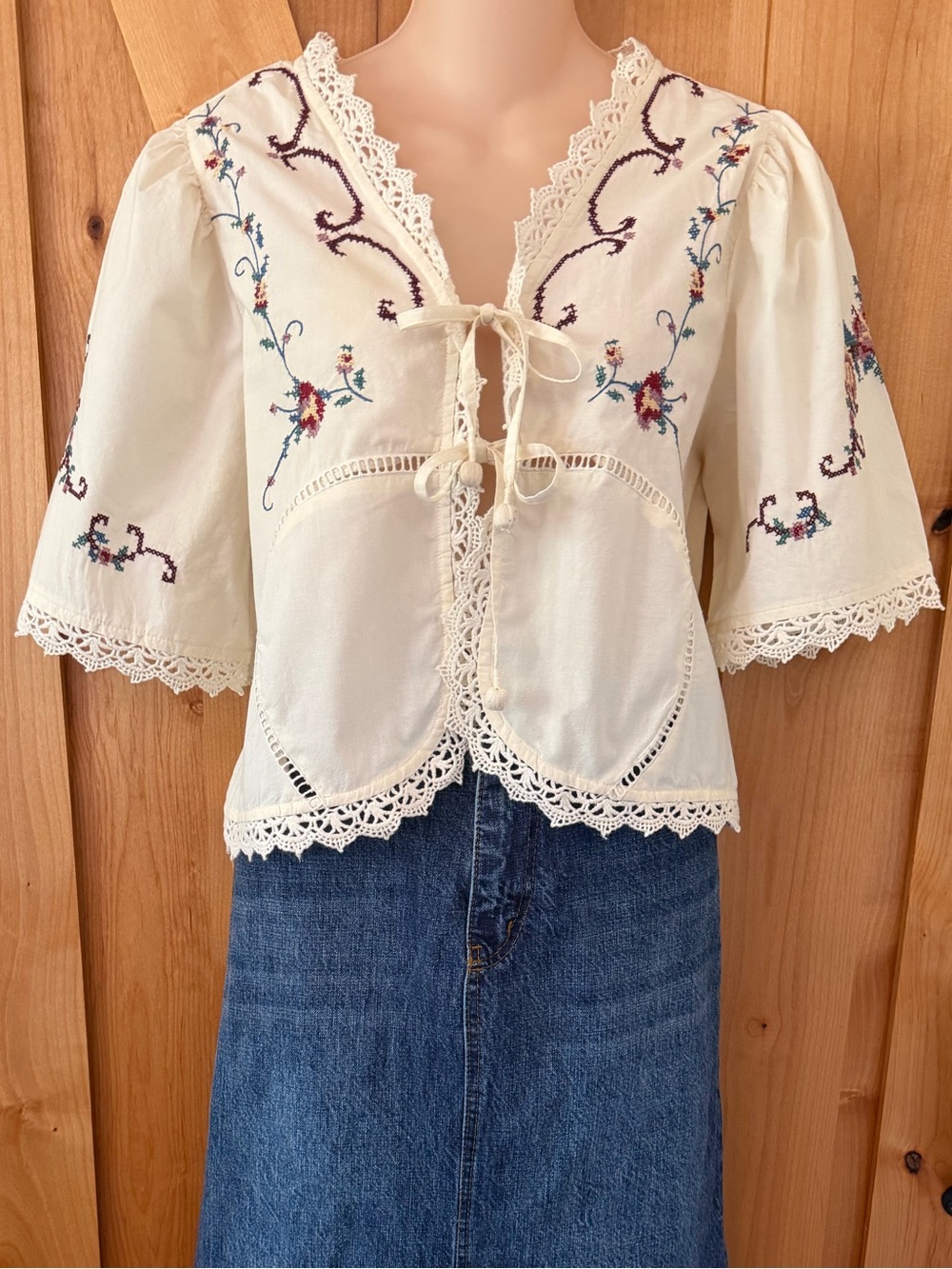 *SOLD* Jennifer & Grace Embroidered Cotton Peasant Blouse Boho Cottagecore L - Picture 5 of 14